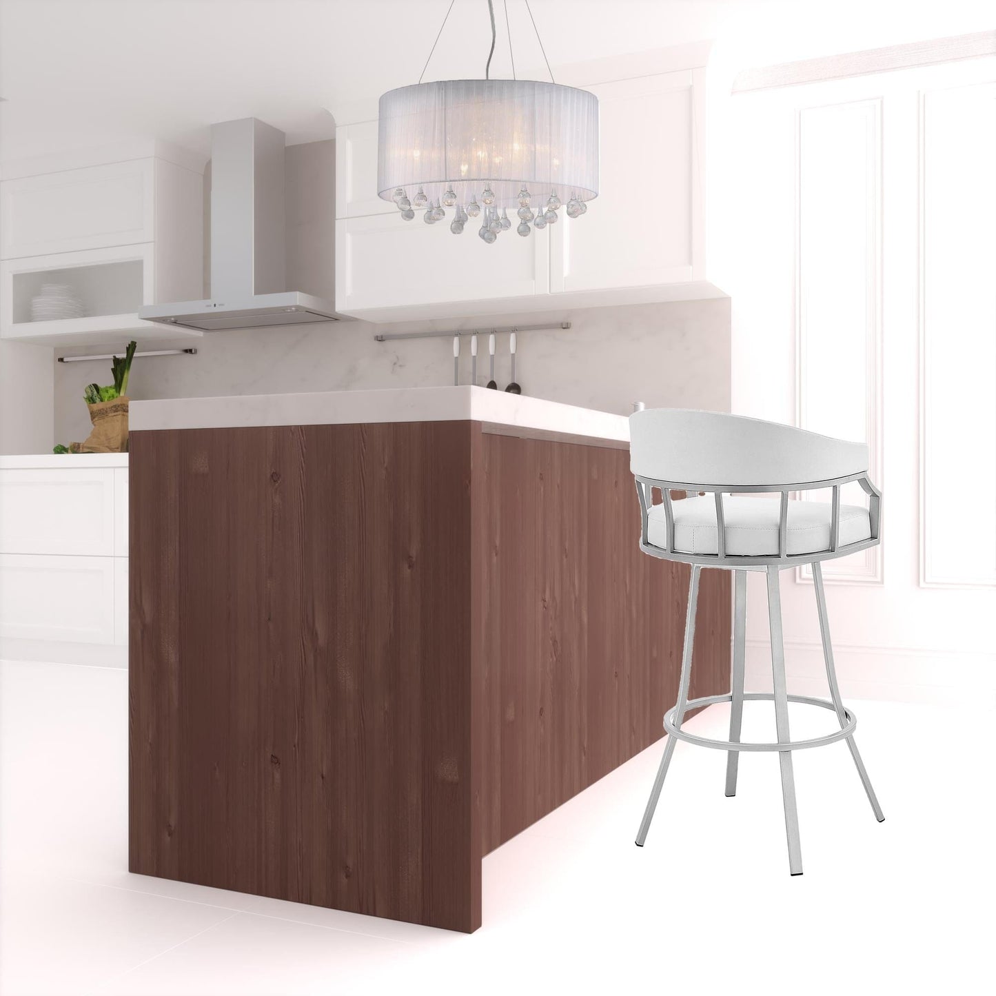 40" White Faux Leather And Iron Swivel Low Back Bar Height Chair