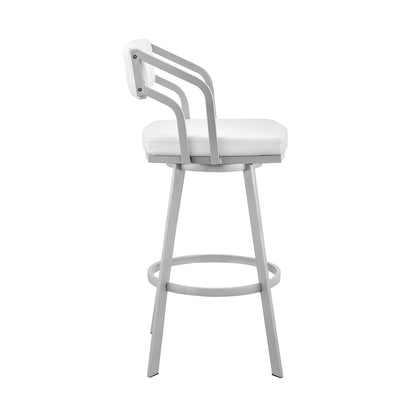 30" Timeless White Faux Leather Silver Finish Swivel Bar Stool