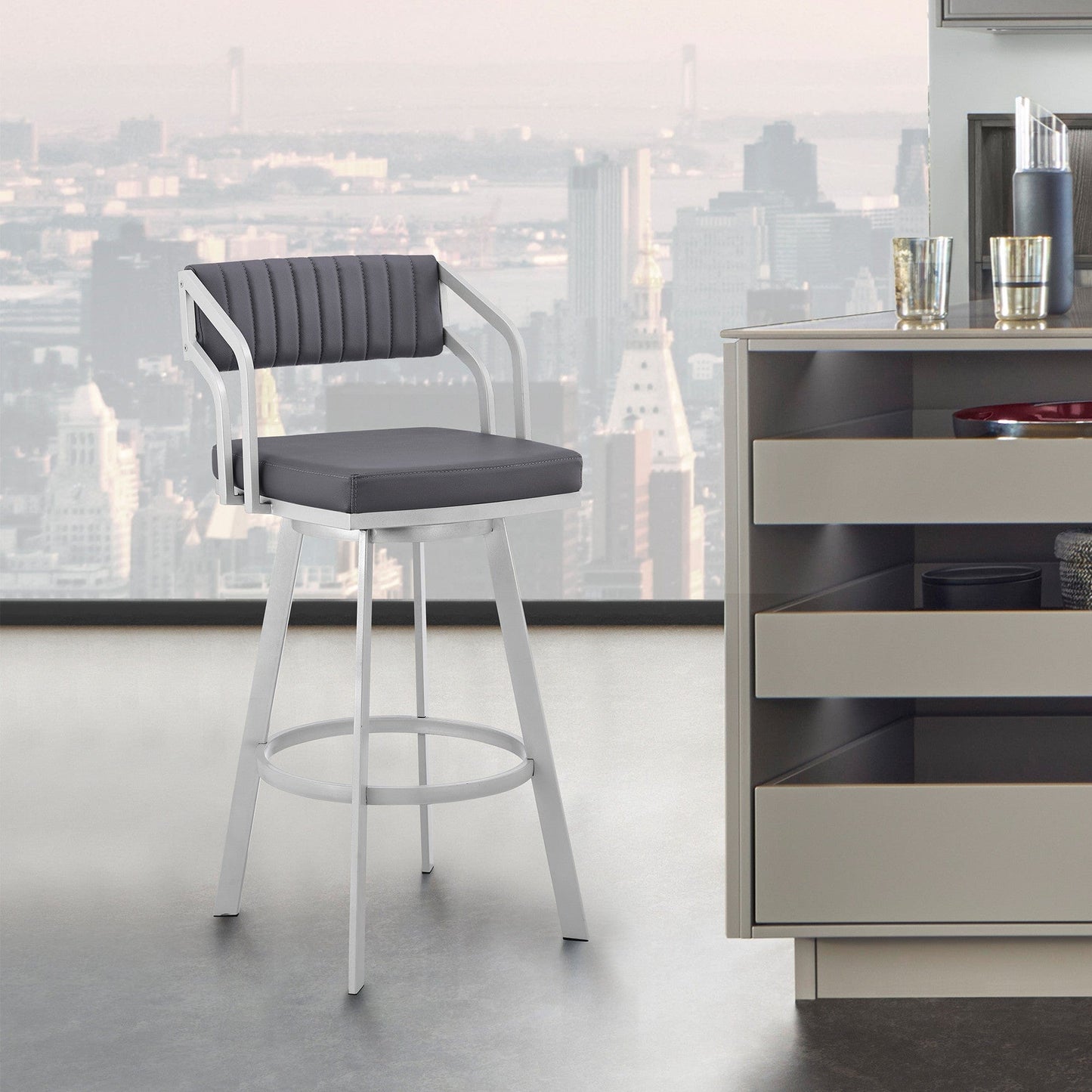 30" Timeless Slate Grey Faux Leather Silver Finish Swivel Bar Stool