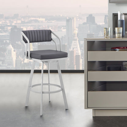 30" Timeless Slate Grey Faux Leather Silver Finish Swivel Bar Stool