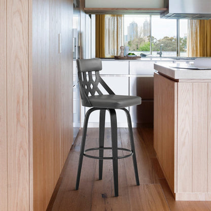 26" Grey Faux Leather Curved Back Walnut Wood Swivel Bar Stool