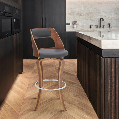 35" Gray Faux Leather And Manufactured Wood Swivel Counter Height Bar Chair