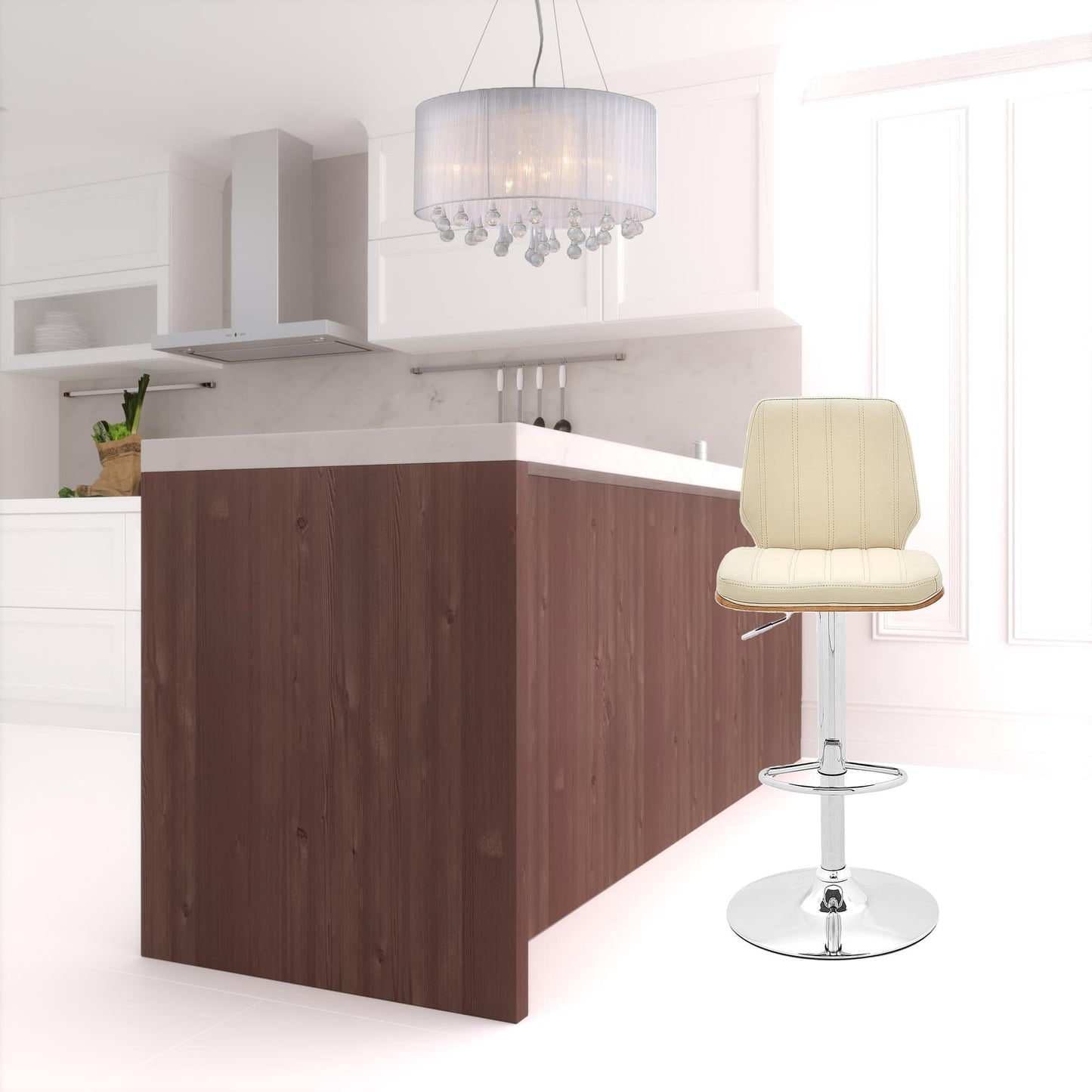 44" Cream And Walnut Faux Leather And Steel Swivel Adjustable Height Bar Chair