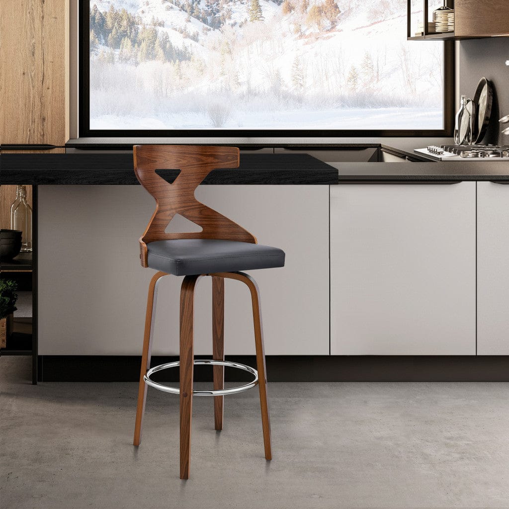 44" Gray Faux Leather And Solid Manufactured Wood Swivel Bar Height Chair