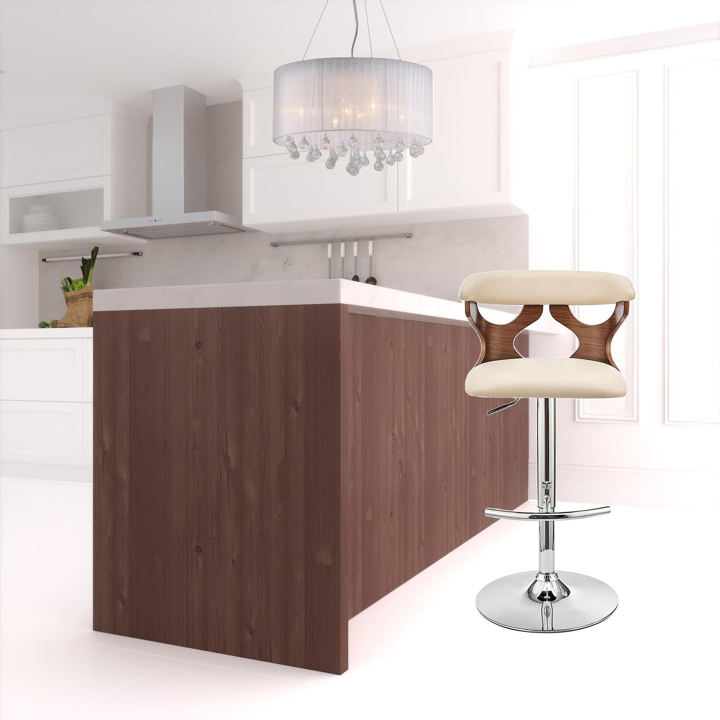 43" Cream Faux Leather And Iron Swivel Adjustable Height Bar Chair