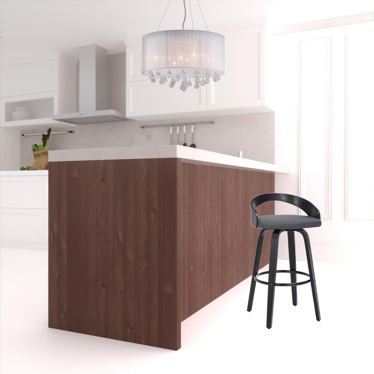 31" Gray Faux Leather And Iron Swivel Low Back Counter Height Bar Chair