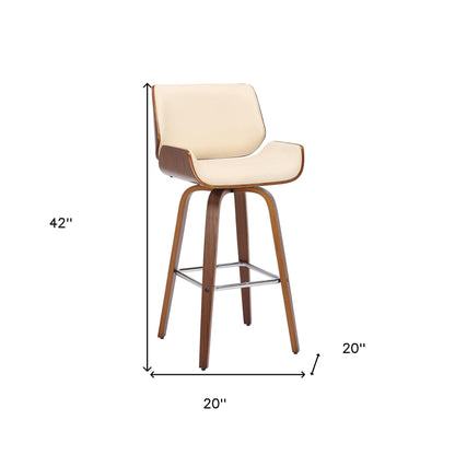 42" Cream Faux Leather And Solid Wood Swivel Bar Height Chair
