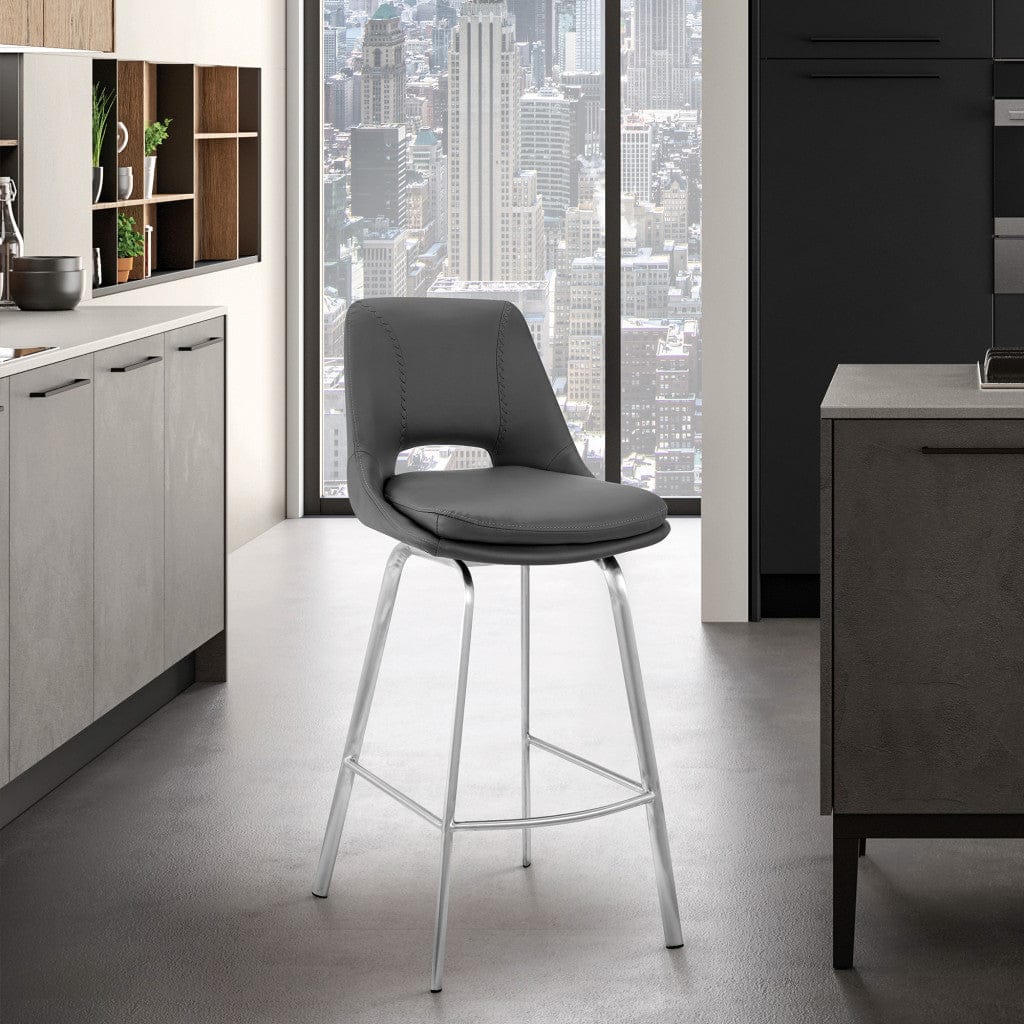 30" Elegant Grey Faux Leather Bar Stool with Stainless Steel Frame