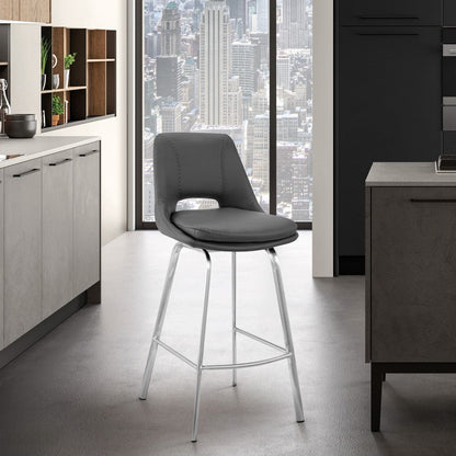 30" Elegant Grey Faux Leather Bar Stool with Stainless Steel Frame