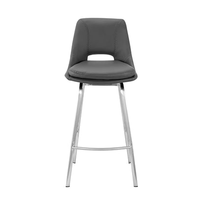 30" Elegant Grey Faux Leather Bar Stool with Stainless Steel Frame