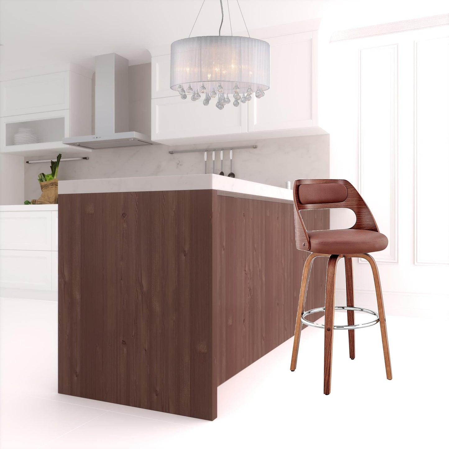 41" Brown Faux Leather And Manufactured Wood Swivel Bar Height Chair