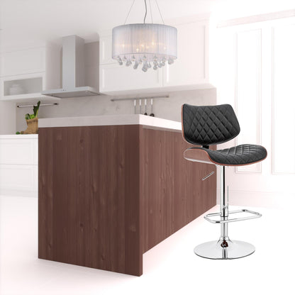 45" Black Faux Leather Walnut And Iron Swivel Adjustable Height Bar Chair