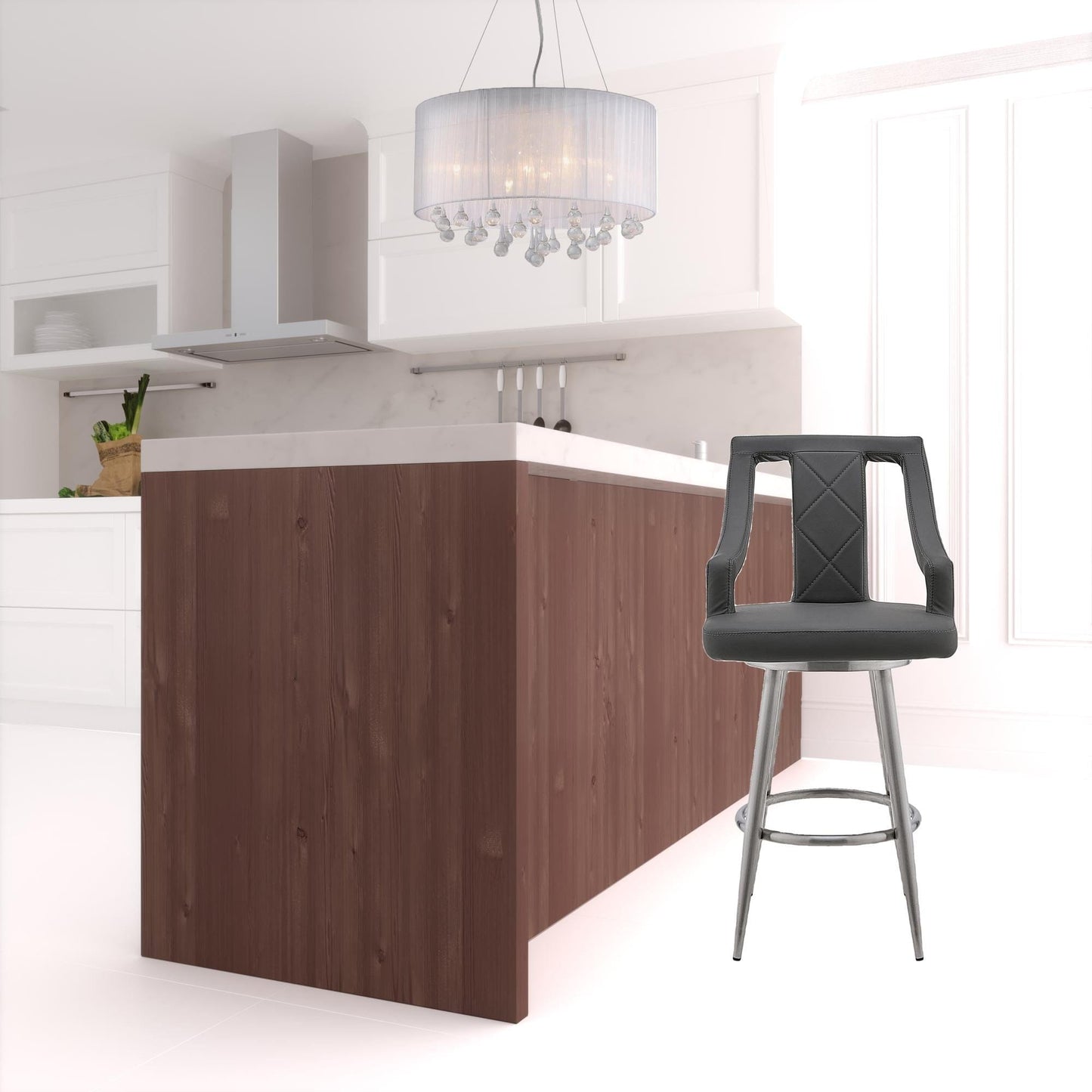 41" Gray Faux Leather And Iron Swivel Counter Height Bar Chair