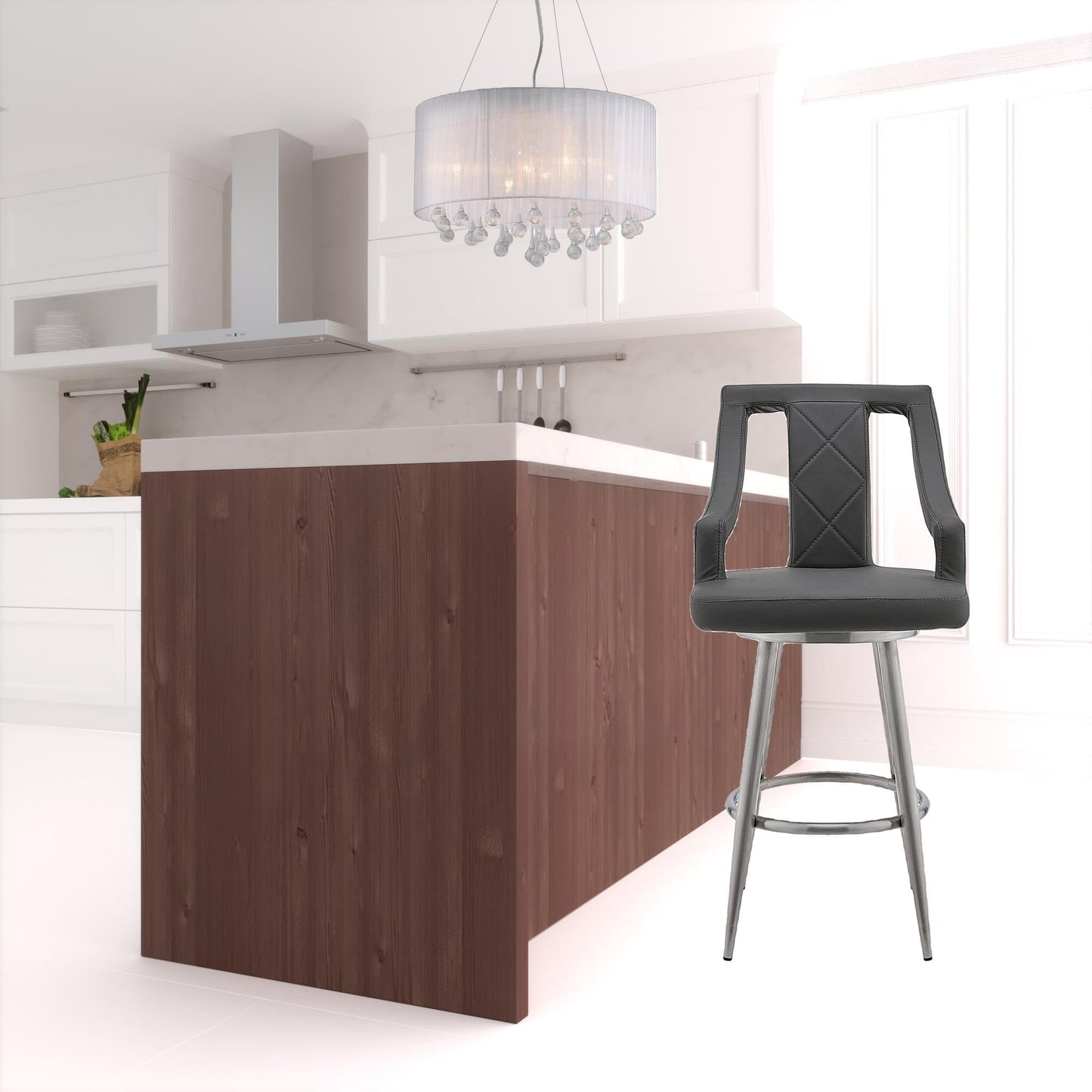 45" Gray Faux Leather And Iron Swivel Bar Height Chair