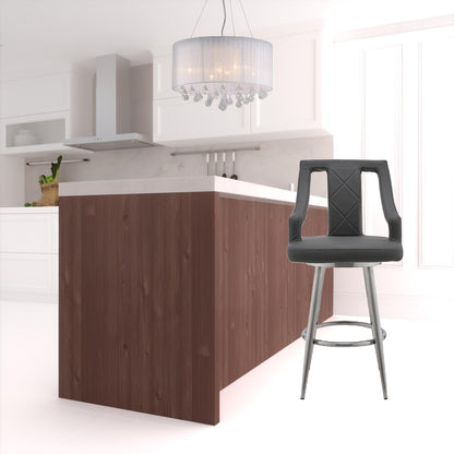 45" Gray Faux Leather And Iron Swivel Bar Height Chair