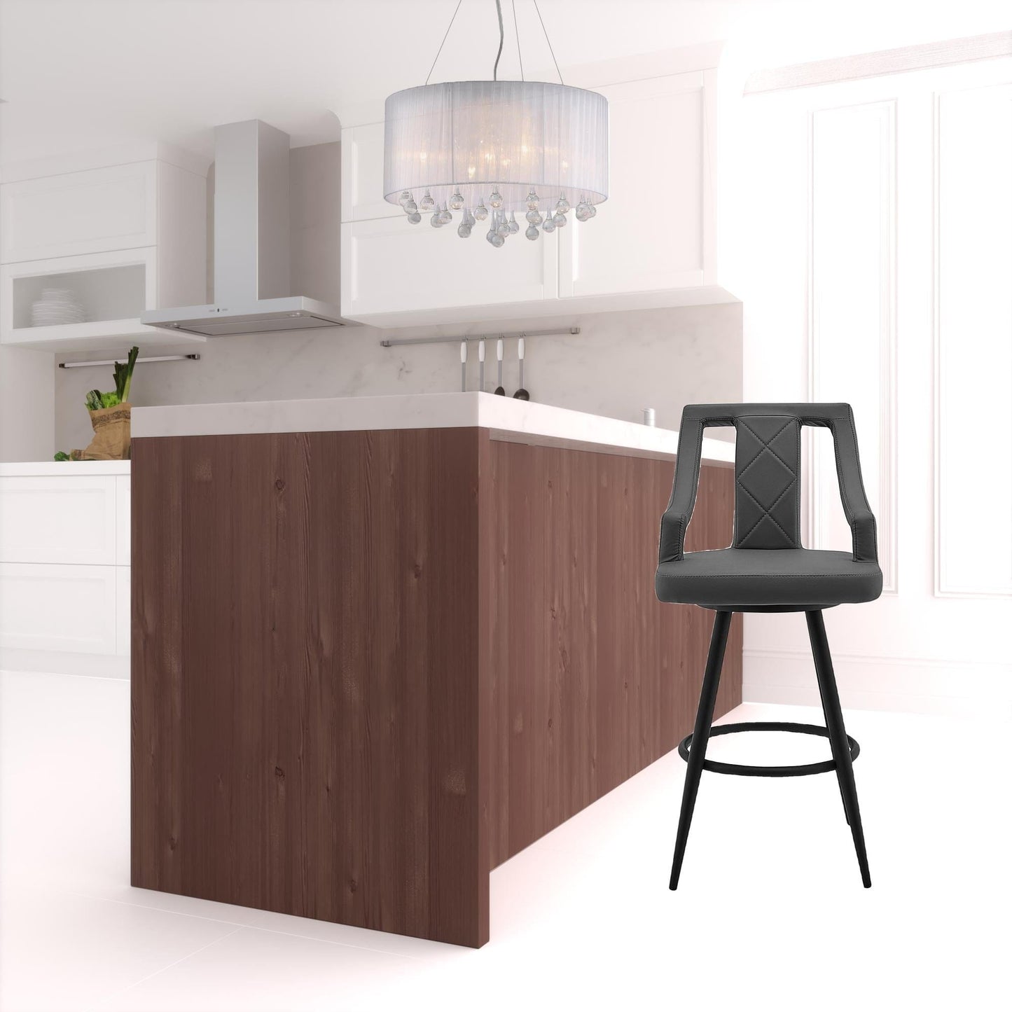 41" Gray Faux Leather And Iron Swivel Counter Height Bar Chair