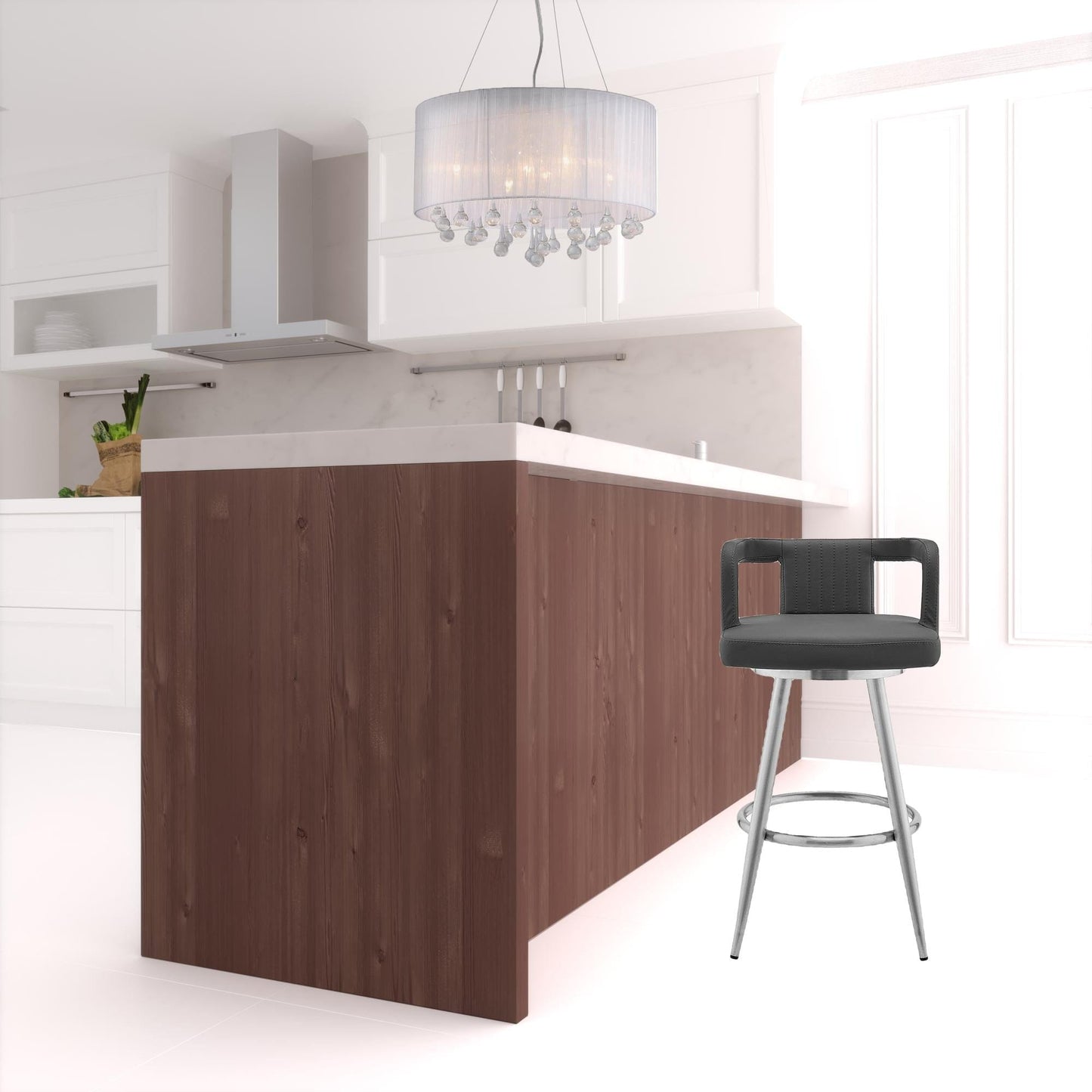 33" Gray Faux Leather And Iron Swivel Low Back Counter Height Bar Chair