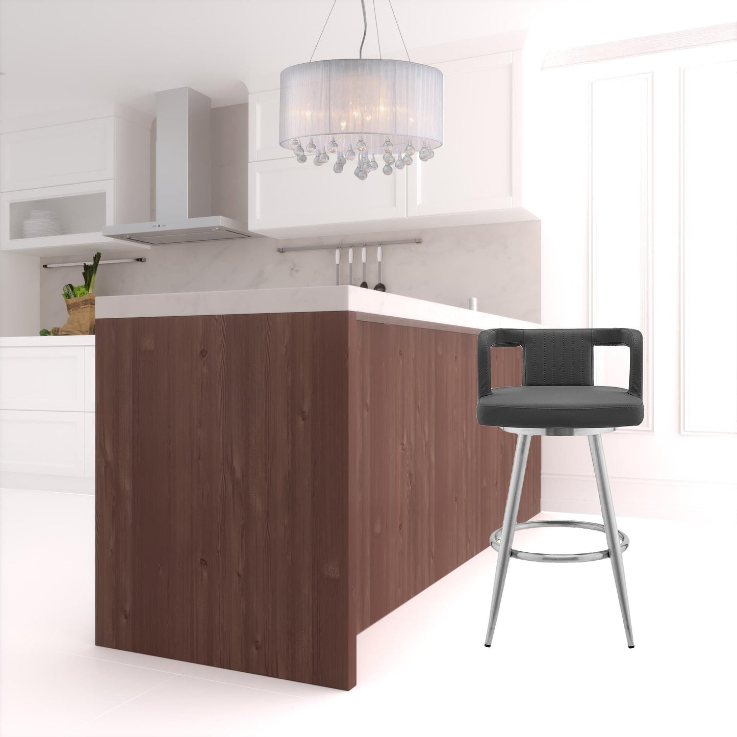 37" Gray Faux Leather And Iron Swivel Low Back Bar Height Chair