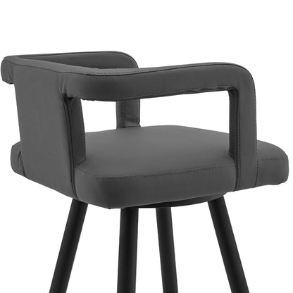 37" Gray Faux Leather And Iron Swivel Low Back Bar Height Chair