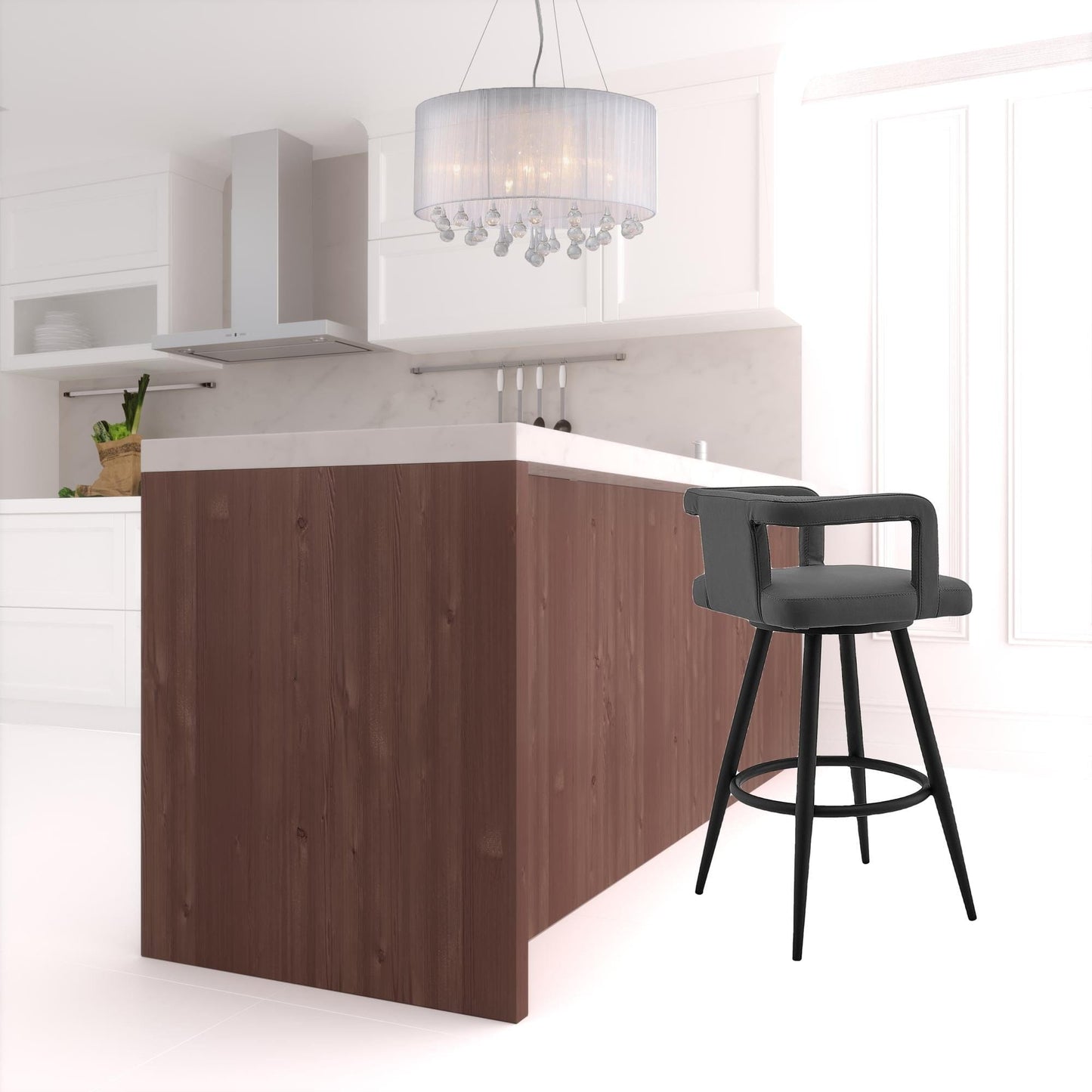 37" Gray Faux Leather And Iron Swivel Low Back Bar Height Chair