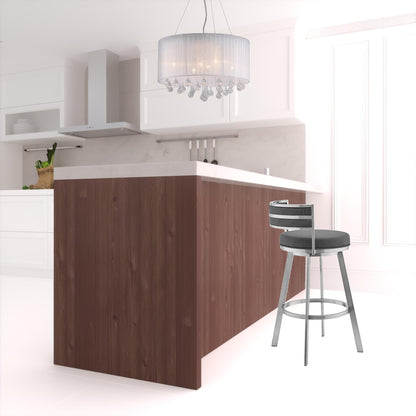 34" Gray Faux Leather And Iron Swivel Low Back Counter Height Bar Chair