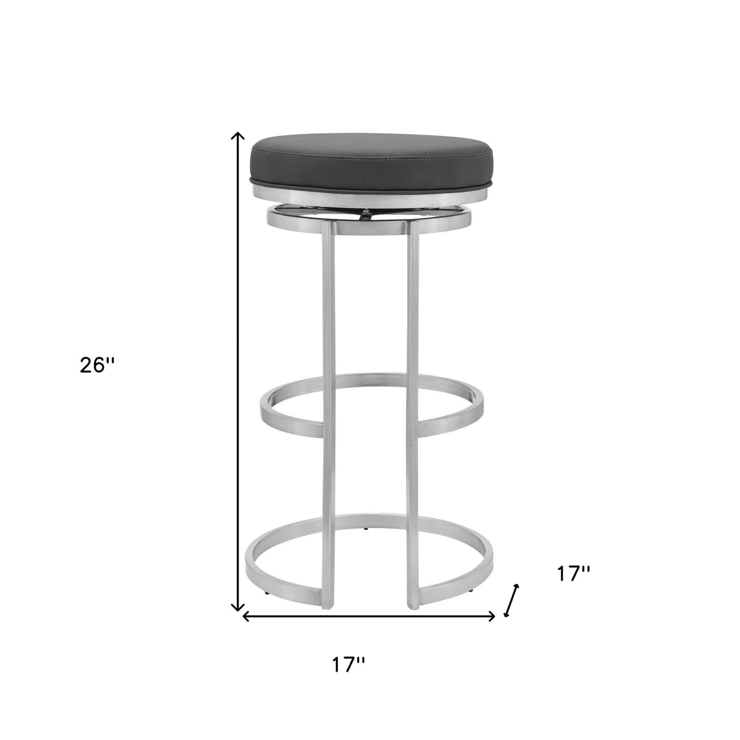 26" Gray Faux Leather And Iron Swivel Backless Counter Height Bar Chair