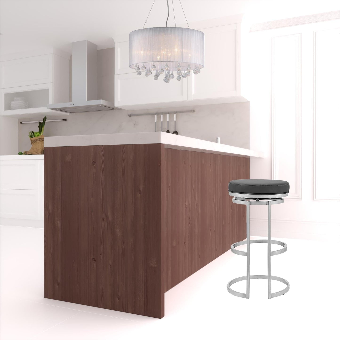 30" Gray Faux Leather And Iron Swivel Backless Bar Height Chair