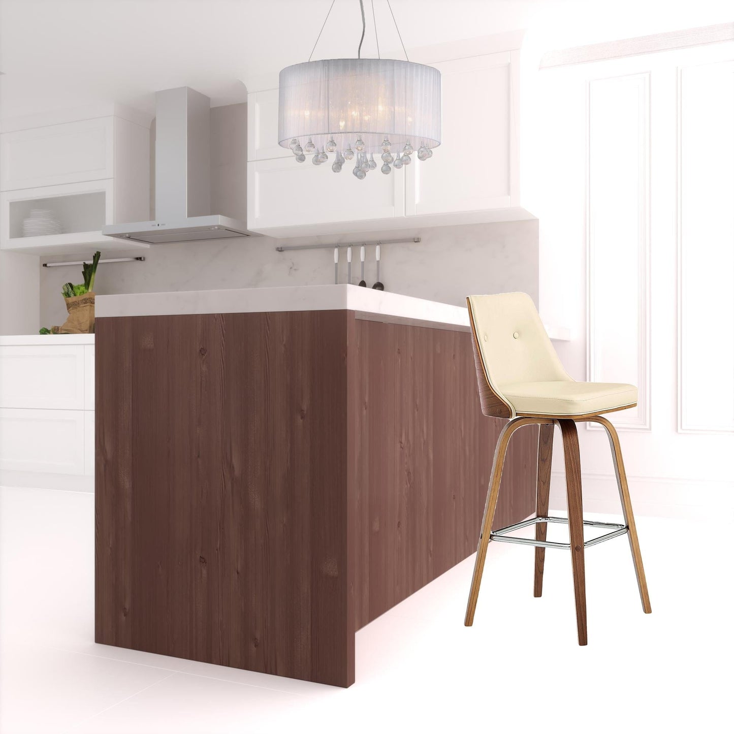 41" Cream Faux Leather And Manufactured Wood Swivel Bar Height Chair