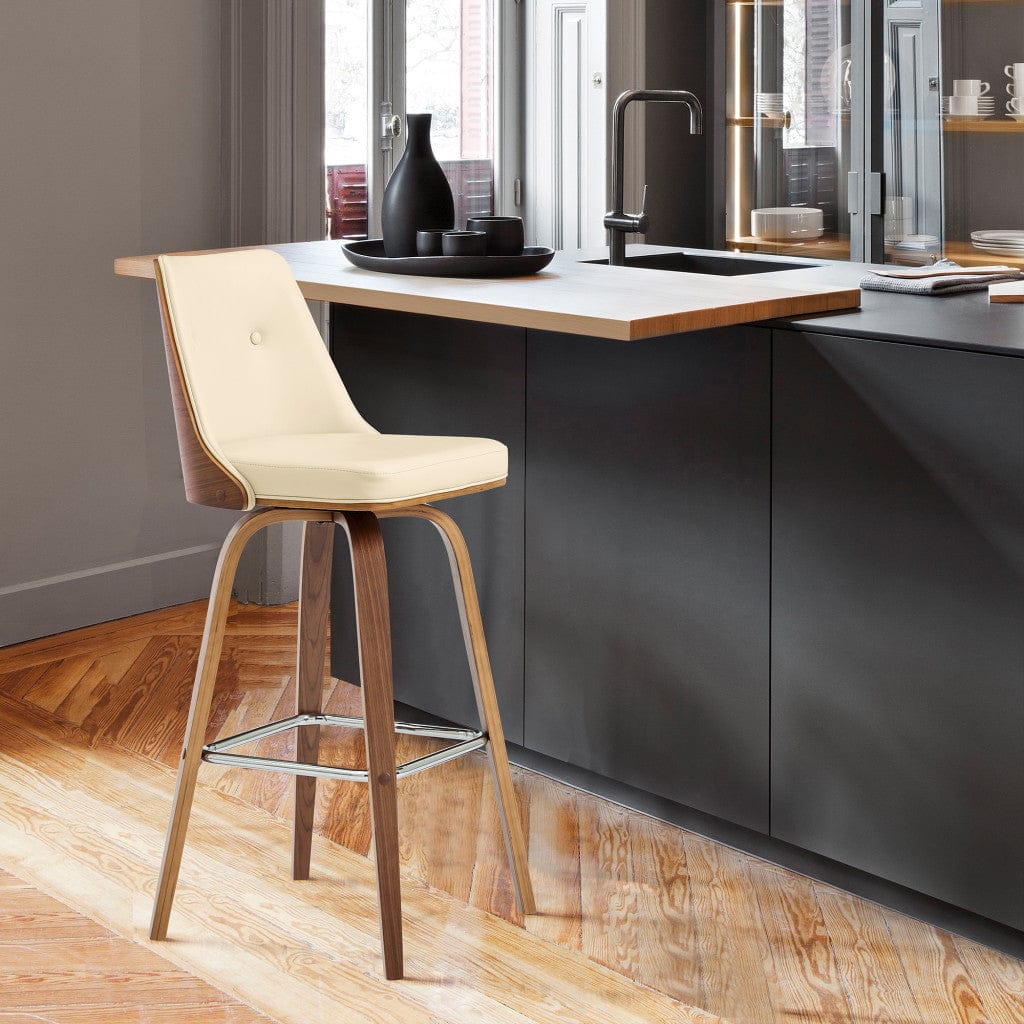 41" Cream Faux Leather And Manufactured Wood Swivel Bar Height Chair