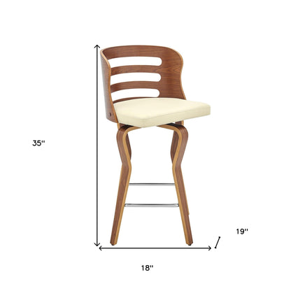 35" Cream Faux Leather And Manufactured Wood Swivel Counter Height Bar Chair