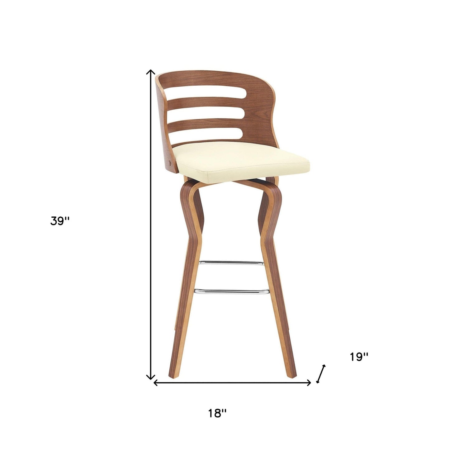 39" Cream Faux Leather And Manufactured Wood Swivel Bar Height Chair