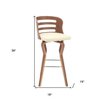 39" Cream Faux Leather And Manufactured Wood Swivel Bar Height Chair