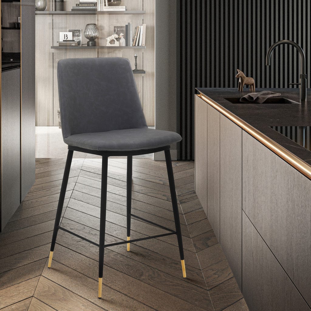 38" Gray Faux Leather And Iron Counter Height Bar Chair