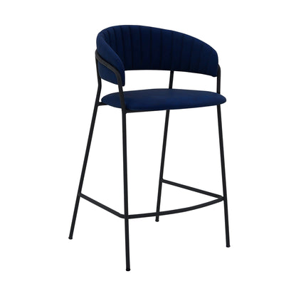 37" Blue Faux Leather And Iron Low Back Counter Height Bar Chair