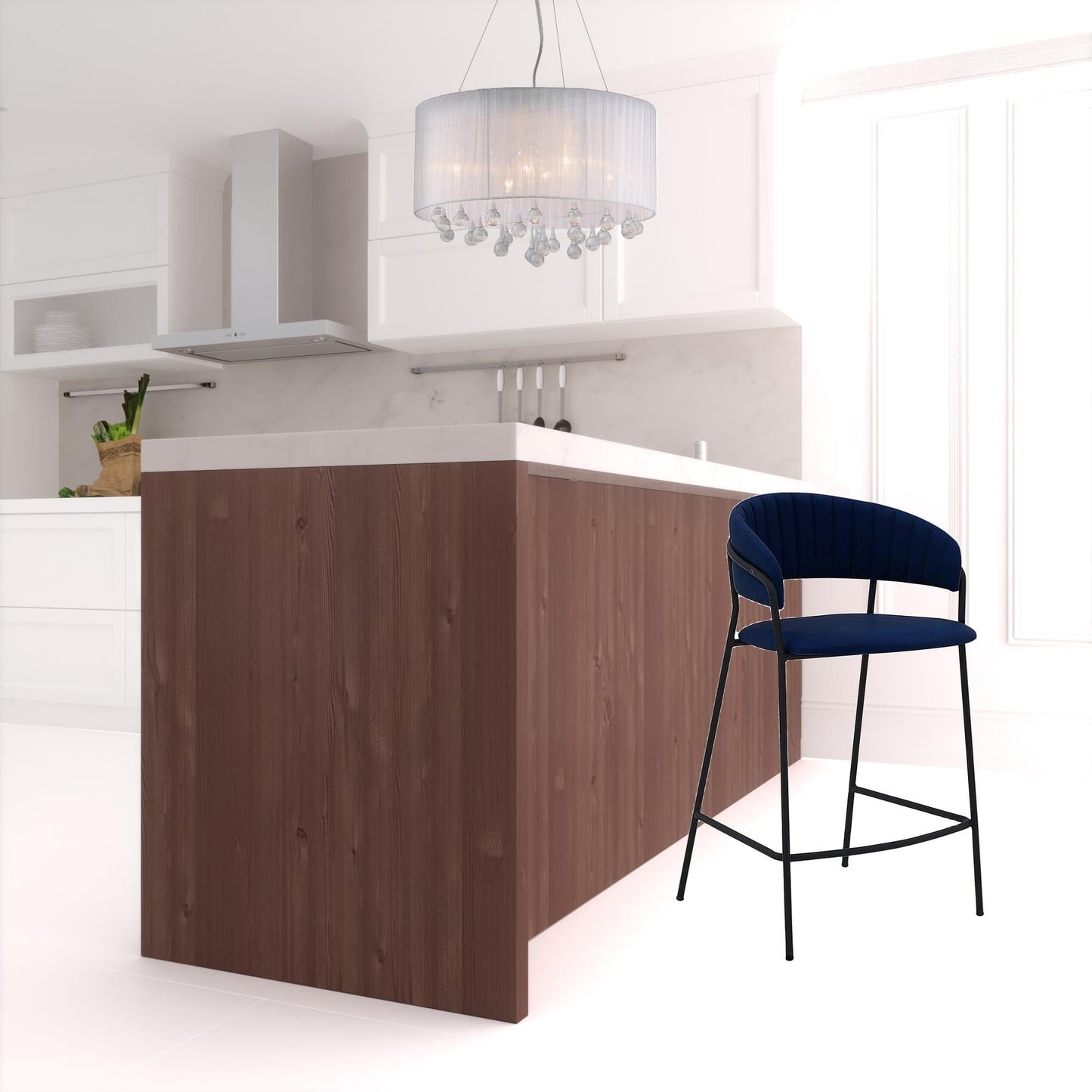 37" Blue Faux Leather And Iron Low Back Counter Height Bar Chair