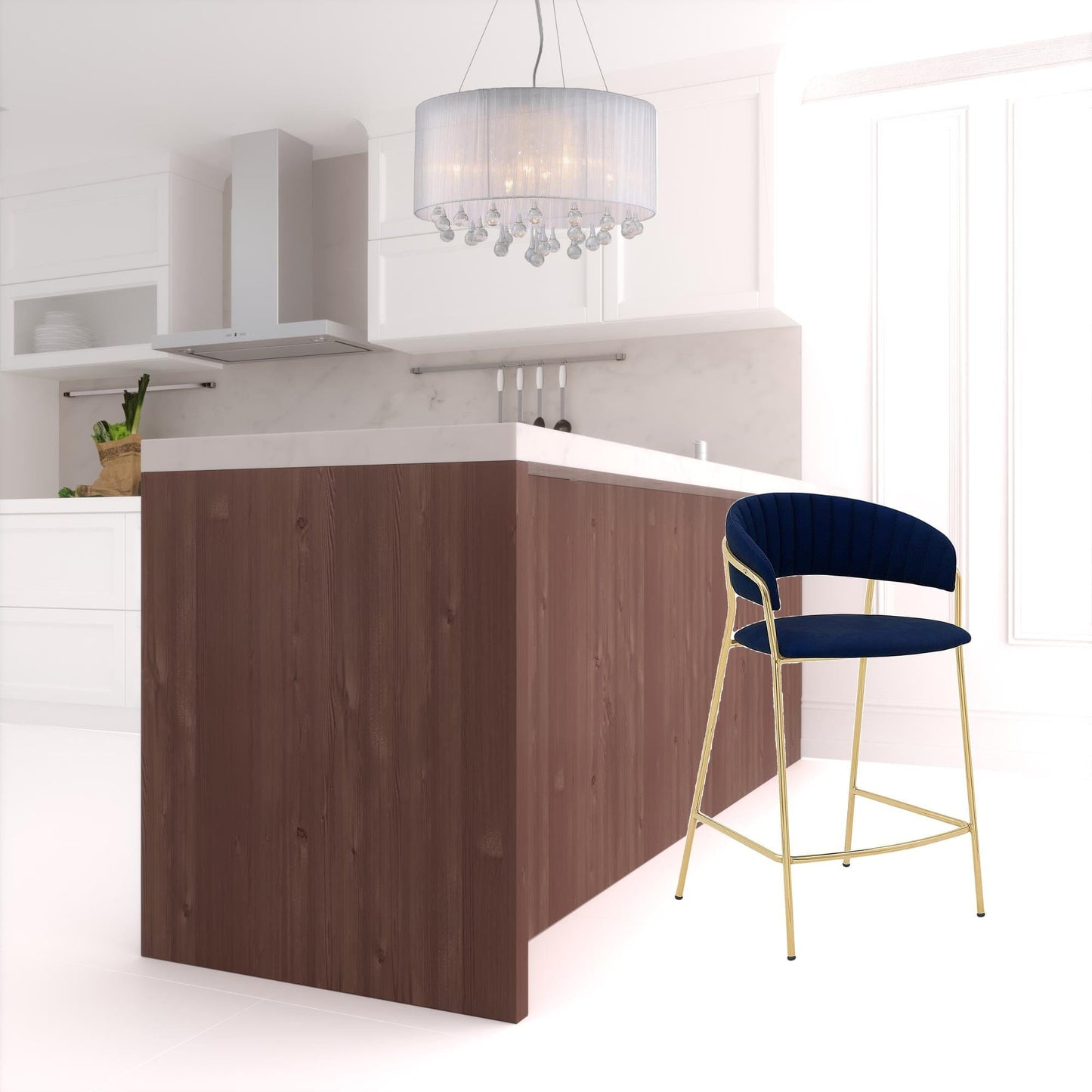 37" Blue Faux Leather And Iron Low Back Counter Height Bar Chair