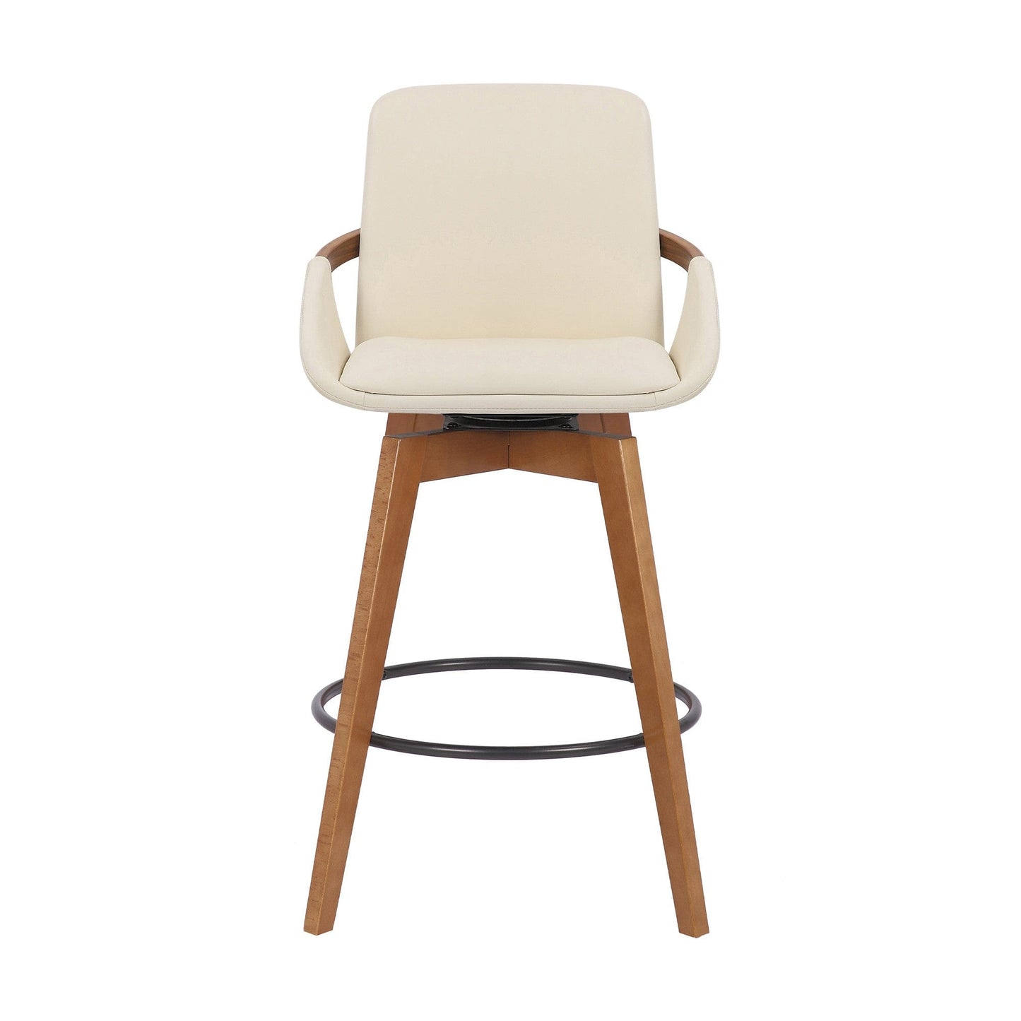 26" Luxurious Cream and Walnut Faux Leather Swivel Bar Stool