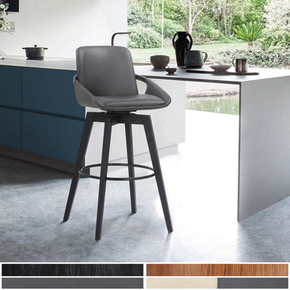30" Luxurious Grey Faux Leather and Black Wood Swivel Bar Stool