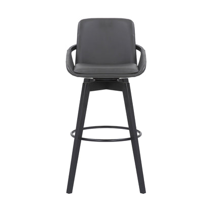 30" Luxurious Grey Faux Leather and Black Wood Swivel Bar Stool