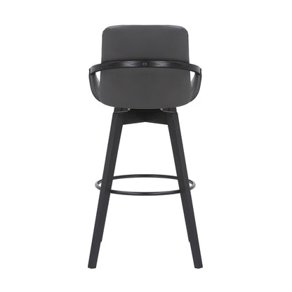 30" Luxurious Grey Faux Leather and Black Wood Swivel Bar Stool
