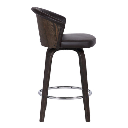 26" Dark Brown Faux Leather and Rustic Wood Back Swivel Bar Stool