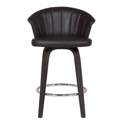30" Dark Brown Faux Leather and Rustic Wood Back Swivel Bar Stool