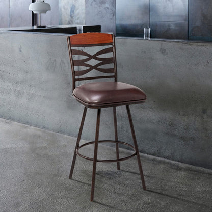 30" Brown Faux Leather Speckled Metal and Maple Wood Bar Stool