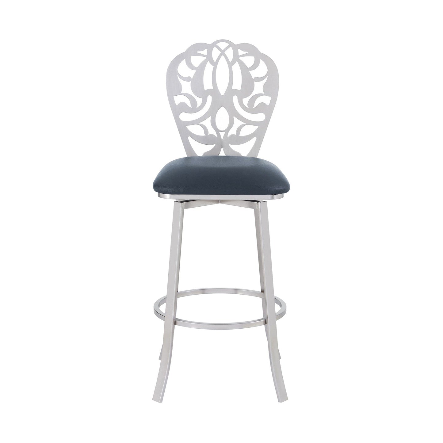 30" Grey Faux Leather Scroll Brushed Stainless Steel Swivel Bar Stool