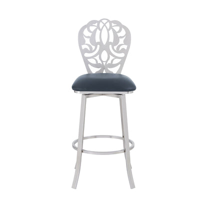 30" Grey Faux Leather Scroll Brushed Stainless Steel Swivel Bar Stool