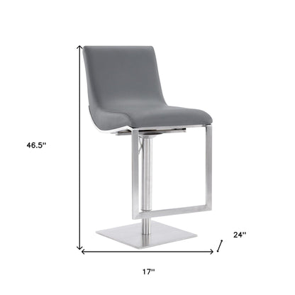 47" Gray Faux Leather And Iron Swivel Adjustable Height Bar Chair
