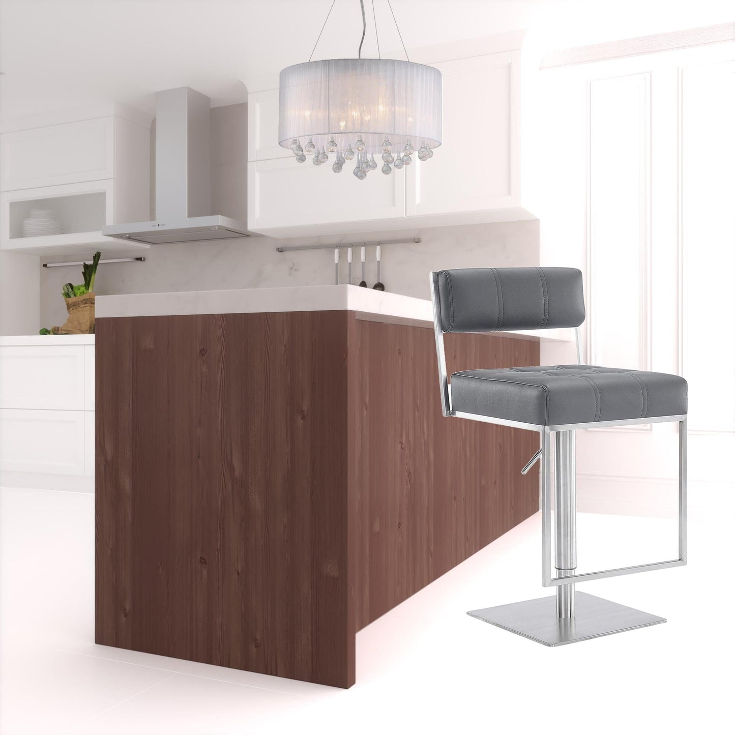 44" Gray Faux Leather And Iron Swivel Adjustable Height Bar Chair