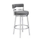 39" Gray Faux Leather And Stainless Swivel Low Back Bar Height Chair