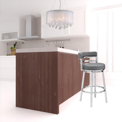 39" Gray Faux Leather And Stainless Swivel Low Back Bar Height Chair