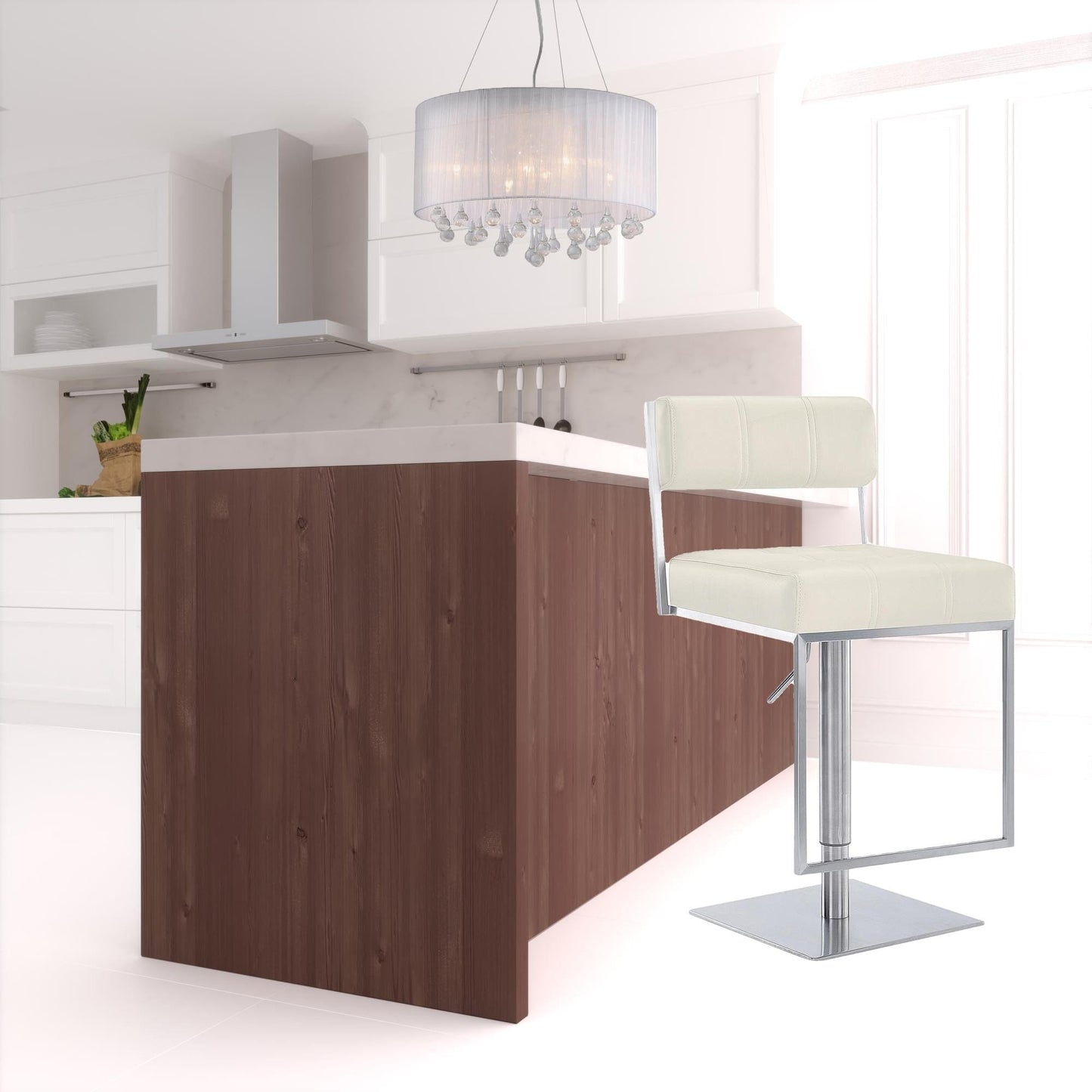 44" White Faux Leather And Iron Swivel Adjustable Height Bar Chair